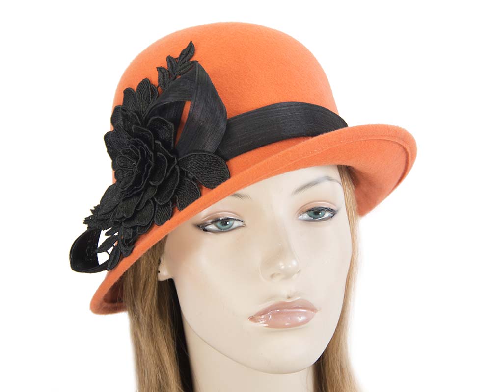 Orange felt cloche hat with lace by Fillies Collection
